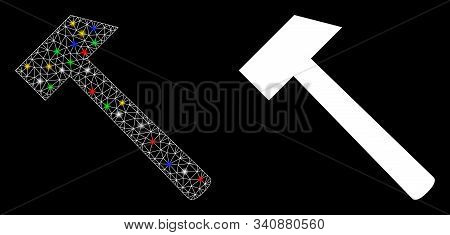 Glossy Mesh Hammer Tool Icon With Sparkle Effect. Abstract Illuminated Model Of Hammer Tool. Shiny W