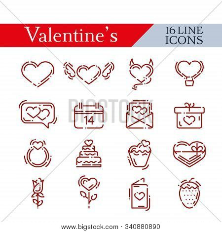 Valentines Icon Set. 16 Line Red Love Icons