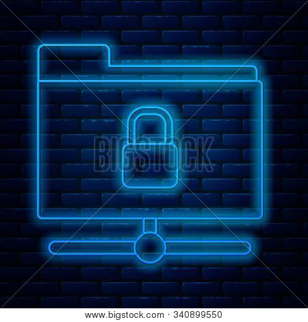 Glowing Neon Line Ftp Folder And Lock Icon Isolated On Brick Wall Background. Concept Of Software Up