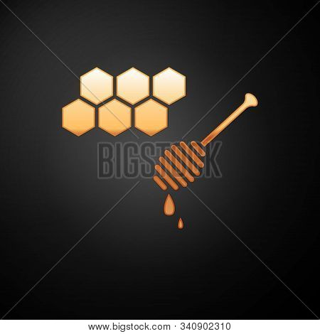 Gold Honeycomb With Honey Dipper Stickicon Isolated On Black Background. Honey Ladle. Honey Cells Sy