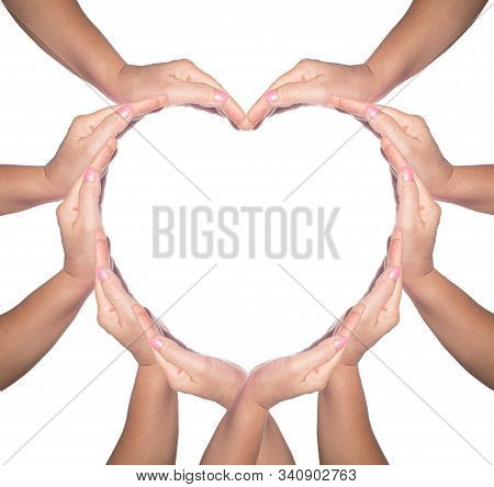 International Human Solidarity Day Concept: Human Hands In Shape Of Heart On White Background