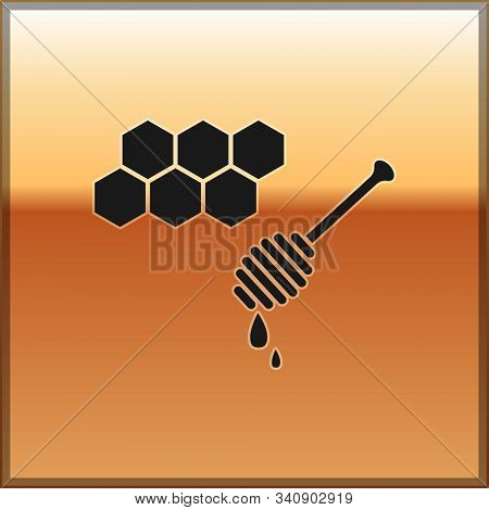 Black Honeycomb With Honey Dipper Stickicon Isolated On Gold Background. Honey Ladle. Honey Cells Sy