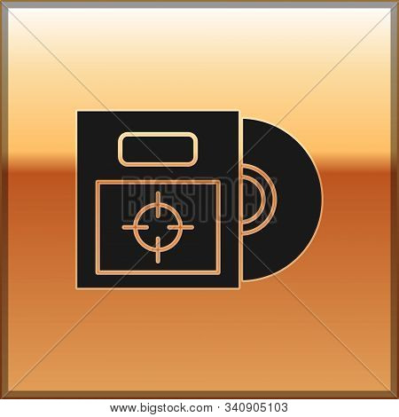 Black Cd Or Dvd Disk In Box Icon Isolated On Gold Background. Compact Disc Sign. Vector Illustration