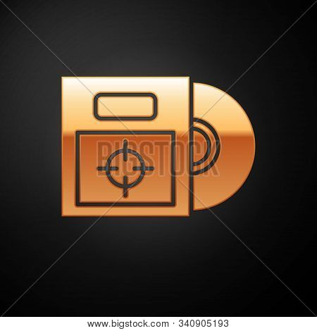 Gold Cd Or Dvd Disk In Box Icon Isolated On Black Background. Compact Disc Sign. Vector Illustration