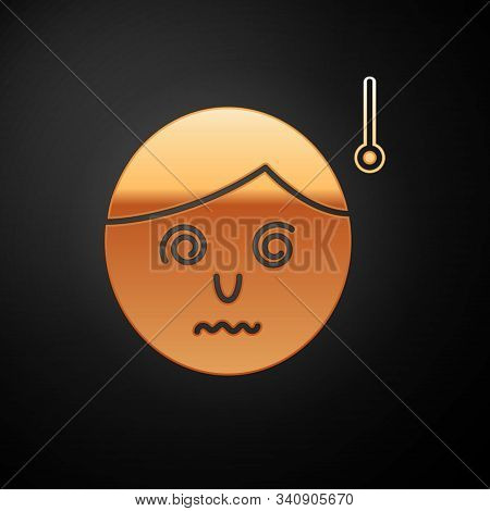 Gold High Human Body Temperature Or Get Fever Icon Isolated On Black Background. Disease, Cold, Flu 