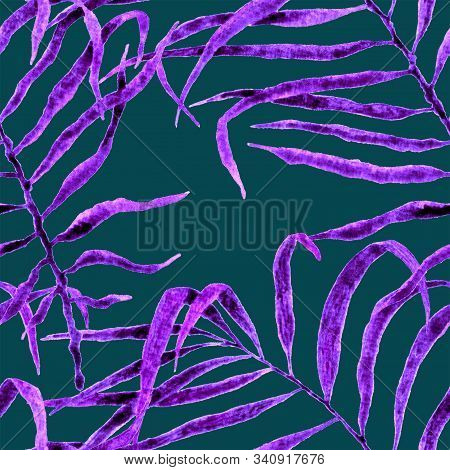 Tropical Seamless Pattern. Watercolor Swaying Palm Leaves, Japanese Bamboo. Purple Exotic Swimwear D