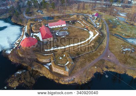 Above The Ancient Korela Fortress On  April Day (shooting From A Quadrocopter). Priozersk, Leningrad