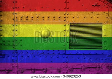 Lgbt Community Flag Depicted On Side Part Of Military Armored Tank Closeup. Army Forces Conceptual B