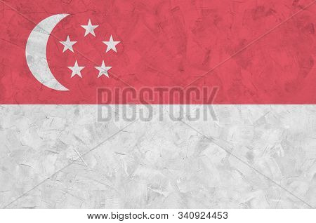 Singapore Flag Depicted In Bright Paint Colors On Old Relief Plastering Wall. Textured Banner On Rou