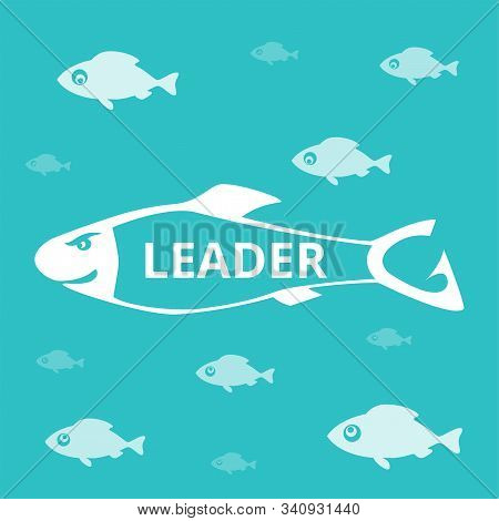 Leadership And Visionary Concept. Group Of Fish. Everyone Looks At Leader. Alpha Male. Only One Know