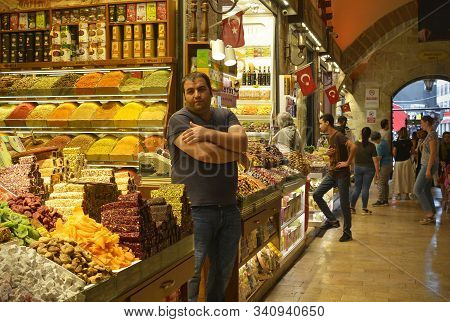 Istanbul, Turkey - September 19th 2019. A Worker Waits For Customers At A Shop Selling Spices, Dried