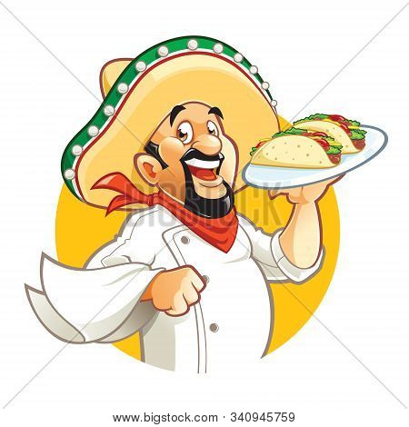 Cartoon Smiling Mexican Chef Holds Plate With Tacos