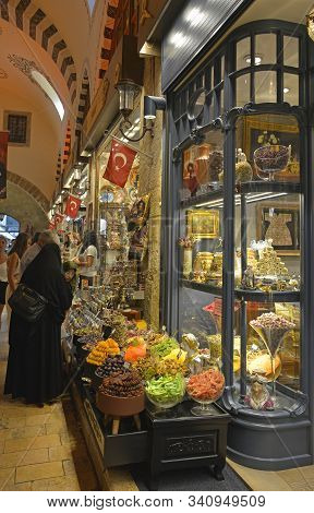 Istanbul, Turkey - September 6th 2019. Tourists Shop For Souvenirs And Dried Fruit In The Historic E