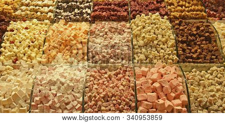Turkish Delight On Display Outside A Shop In The Historic Egyptian Spice Bazaar In Eminonu, Fatih, I