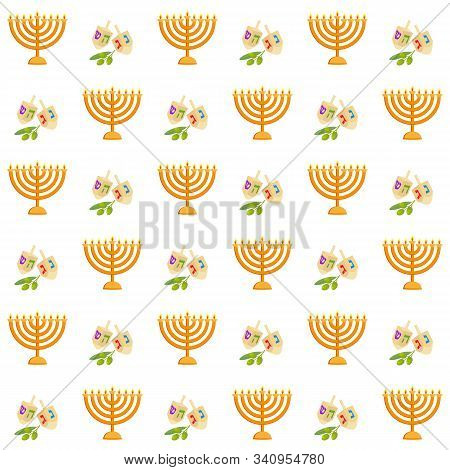 Jewish Holiday Of Hanukkah, Seamless Pattern With Holiday Symbols, Hanukkah Menorah, Nine-branched C