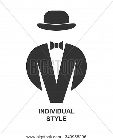 Creative Men's Fashion Brand. Tailcoat With Bow Tie And Bowler Hat. Flat Style. Isolate On White Bac