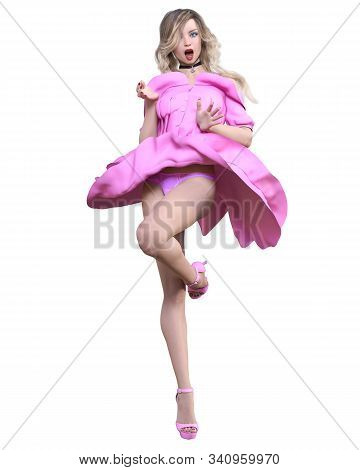 Beautiful Blonde Woman In Light Summer Waving Dress.