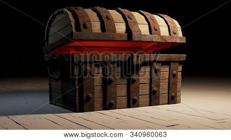 3d Illustration Of Old Wood With Rusty Metal Empty Chest Almost Open With A Red Glow Inside And Put 