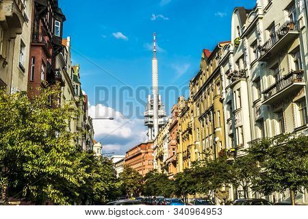 Prague.czech Republic.august 27, 2019.streets And Squares On The Background Of Zizkov Tv Tower In Pr