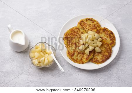 Traditional Latkes Fritters With Sour Cream And Apple Sauce On Light Gray Textured Background, Top V