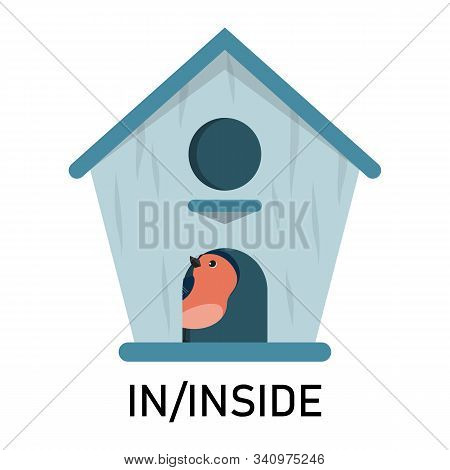 Bird and birdhouse, learning preposition vector isolated. Preschool education, study position of the object. Bird is hiding in the birdhouse.