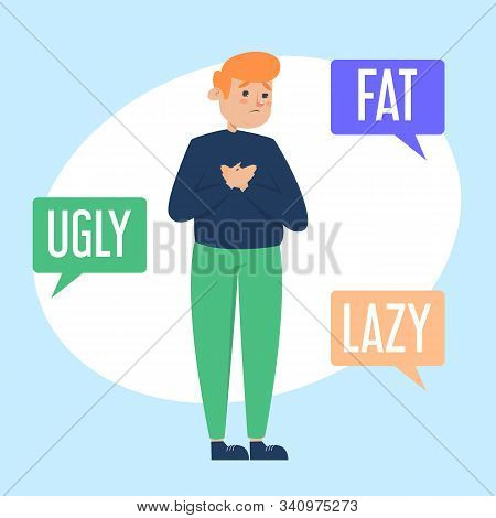 Body shame vector isolated illustration. Fat man ashamed of his body. Hateful comments to overweight person.