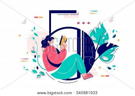Woman Reading Book Sitting In Number Five Vector Illustration. Cipher Five Decorated With Green Leav