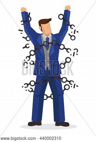 Young Strong Businessman Breaking Metal Chain. Isolated Vector Illustration.