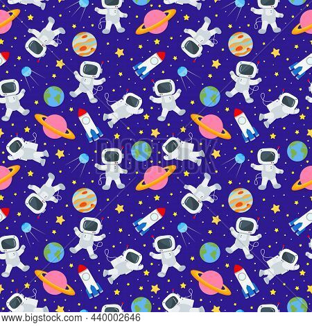 Seamless Pattern On The Theme Of Space And Space Travel , Color Icons On Sky Background