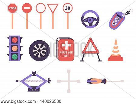 Driving School Set With Different Elements. Traffic Signs, Light, Steering And Car Wheel, First Aid 