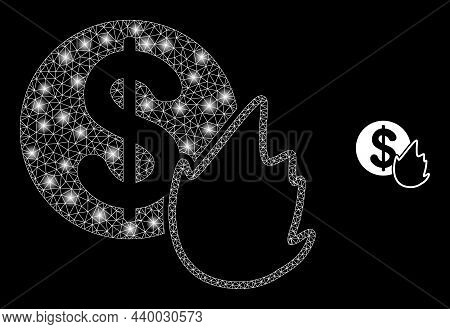 Glossy Polygonal Mesh Web Fired Money Icon With Glare Effect On A Black Background. Constellation Fi