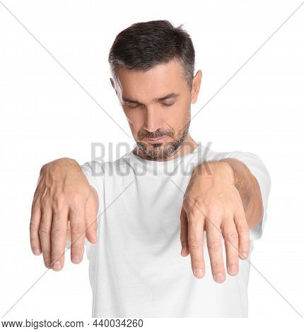 Man In Sleepwalking State On White Background