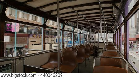 Central, Hong Kong 17 September 2021: Empty tram moving in the city