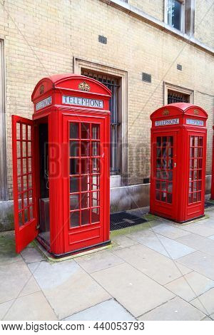 London Telephone Box Row. London Landmarks - Red Phone Booth.