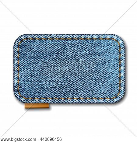 Denim Rectangle Shape With Stitches. Jeans Patch With Seam.