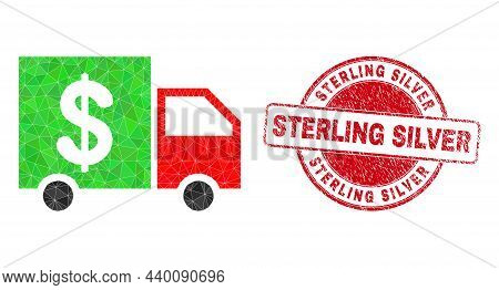 Low-poly Triangulated Banking Delivery Icon Illustration With Sterling Silver Rubber Watermark. Red 