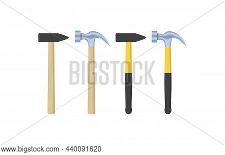 Construction Tool Icon. Set Of Stickers With Wooden And Rubber Hammers. Attributes For Hammering Nai