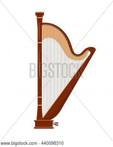Classical Wooden Antique Harp Isolated On White Background. Stringed Musical Instrument Harp. Vector