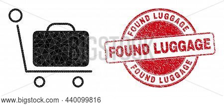 Low-poly Polygonal Baggage Cart 2d Illustration With Found Luggage Rubber Seal Imitation. Red Stamp 
