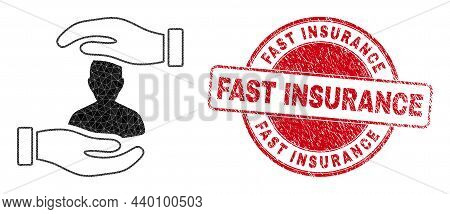 Low-poly Triangulated Customer Care Hands Icon Illustration With Fast Insurance Corroded Stamp Seal.