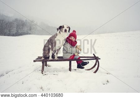 Beautiful Winter. Little Baby Girl With Her Best Friend Dog Sit On Old Wooden Sledge In Snow-covered