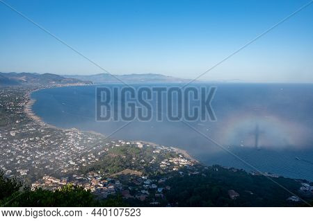 Aerial View San Felice Circeo, Italian City In Province Latina On Tyrrhenian Sea, With Reflection In