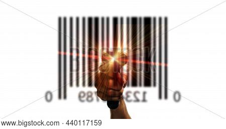 Bar Code. Retail Label Barcode Scan. Reader Laser Scanner For Warehouse Holding Hand. Product Code D