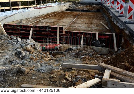 Construction Work For The Reconstruction Of A Road Bridge. Wires And Nets For Concrete Reinforcement