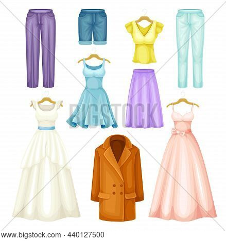 Neat And Clean Clothing With Dress On Hanger And Coat Vector Set