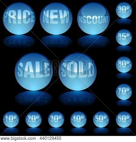 Set Of Blue Glass Spheres As Retail Site Buttons With Discounts On Black Shiny Background With Mirro