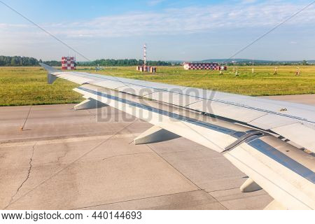 View From The Airplane Window During Taking Off On A Clear Summer Morning. Yekaterinburg, Russia