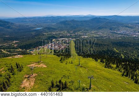 Sheregesh Ski Lift Resort In Summer, Landscape On Mountain And Hotels, Aerial Top View Kemerovo Regi