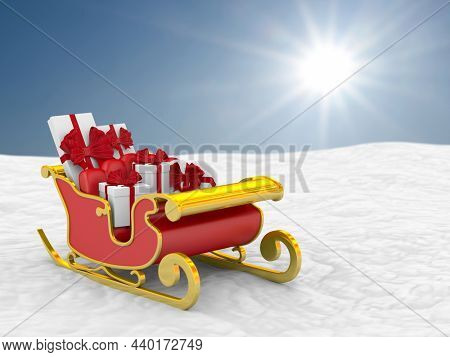 red christmas sled with gift boxes on snowdrift. 3D illustration
