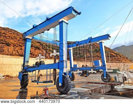 Bodrum, Turkey - 10.12.2021: Yacht Repair Crane At The Dock. Kairos Marina.